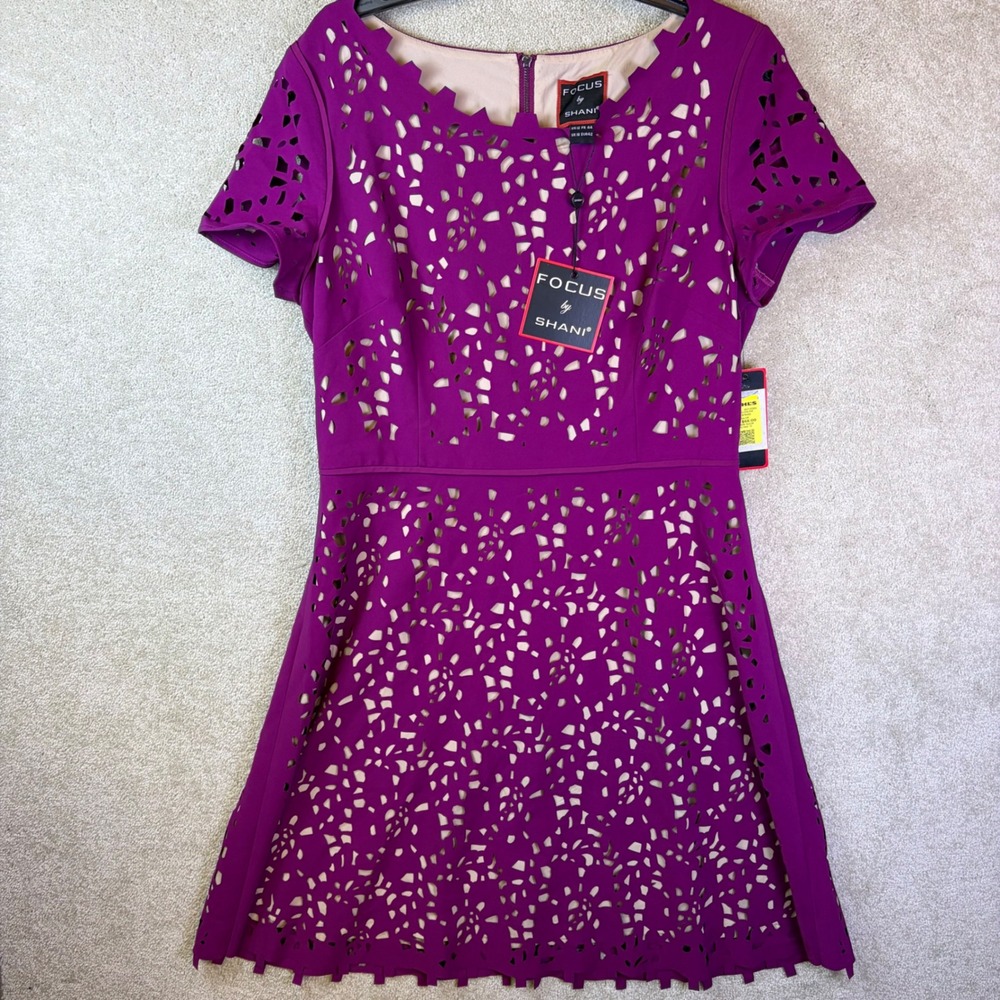 Focus‎ by Shani Dress Womens 12 Purple Laser Cut Out Fit and Flare Short Sleeve